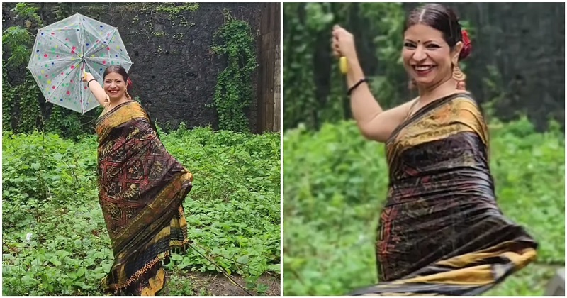 Tarak Mehta Roshan Bhabhi Holds Umbrella in Brown Saree